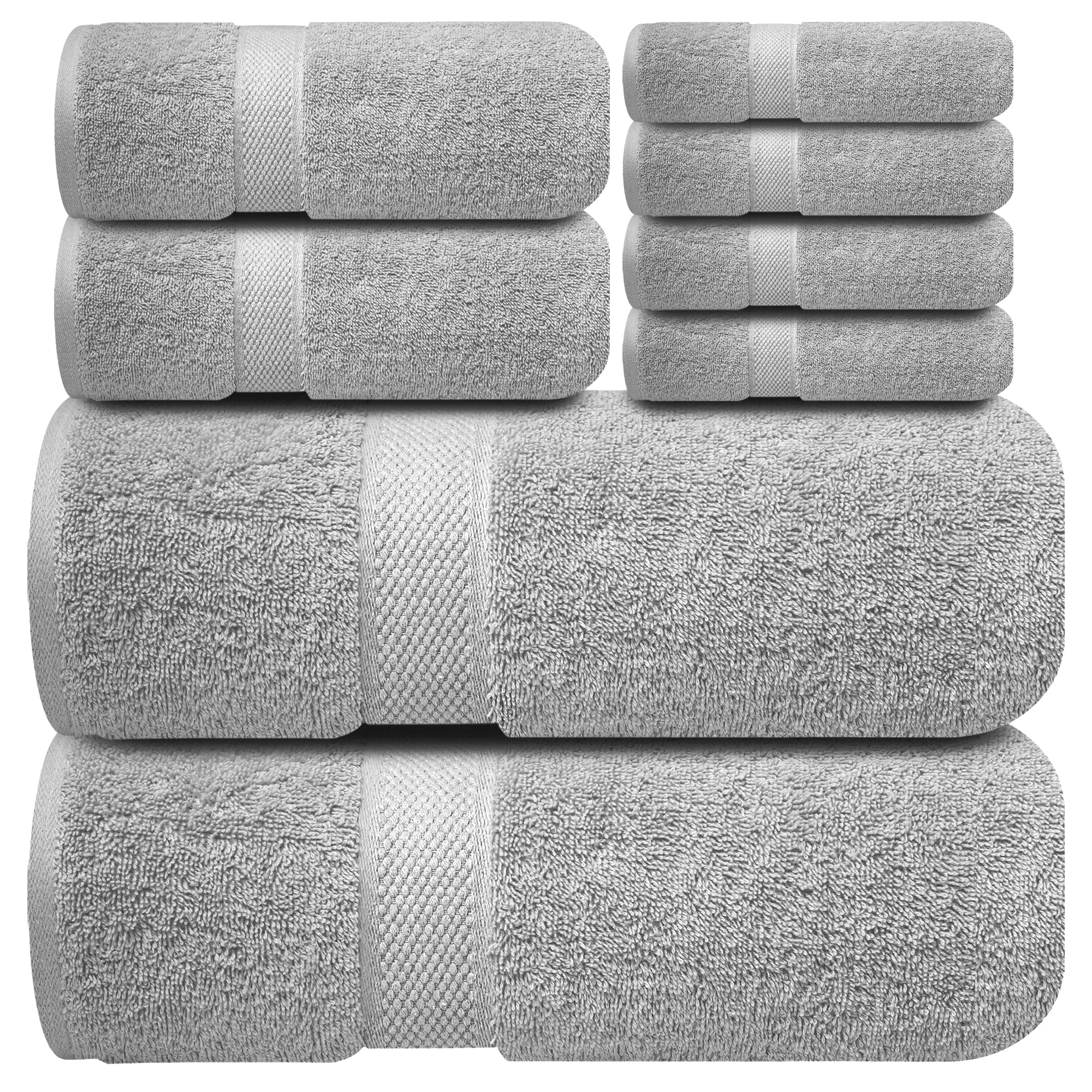Premium Bath Towel Set 8-Piece (2 Bath Towels, 2 Hand Towels, 4 Washcloths), Super Absorbent Soft 100% Ring-Spun Cotton for Spa, Gym, Hotel & Bathroom - Charming Grey