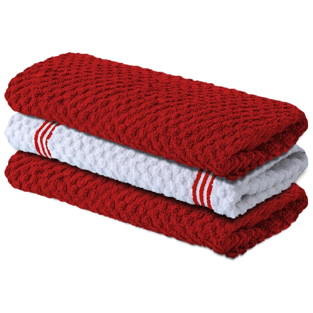 Premium Tea Towels | Pack of 3 | 100% Cotton |38 x 64 cm| Ultra Soft & Highly Absorbent Terry Dish Towels for Kitchen, Bar Towels for Daily Household Cleaning Use - Passionate Red