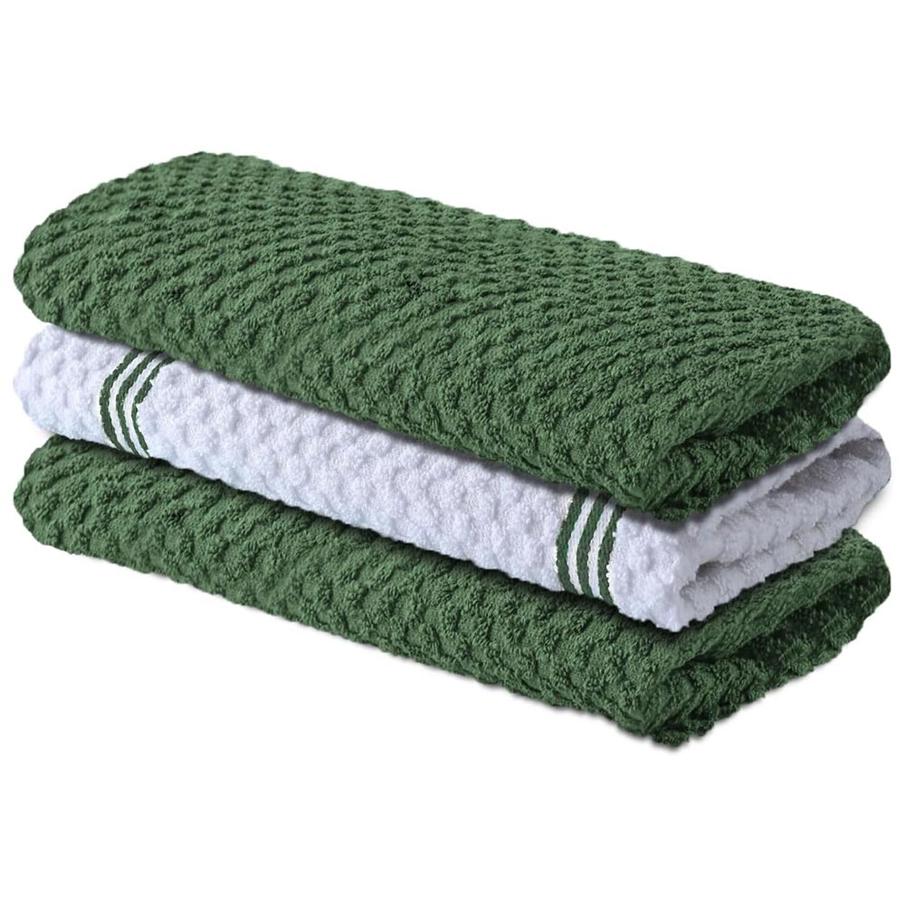 Premium Tea Towels | Pack of 3 | 100% Cotton |38 x 64 cm| Ultra Soft & Highly Absorbent Terry Dish Towels for Kitchen, Bar Towels for Daily Household Cleaning Use - Sturdy Green