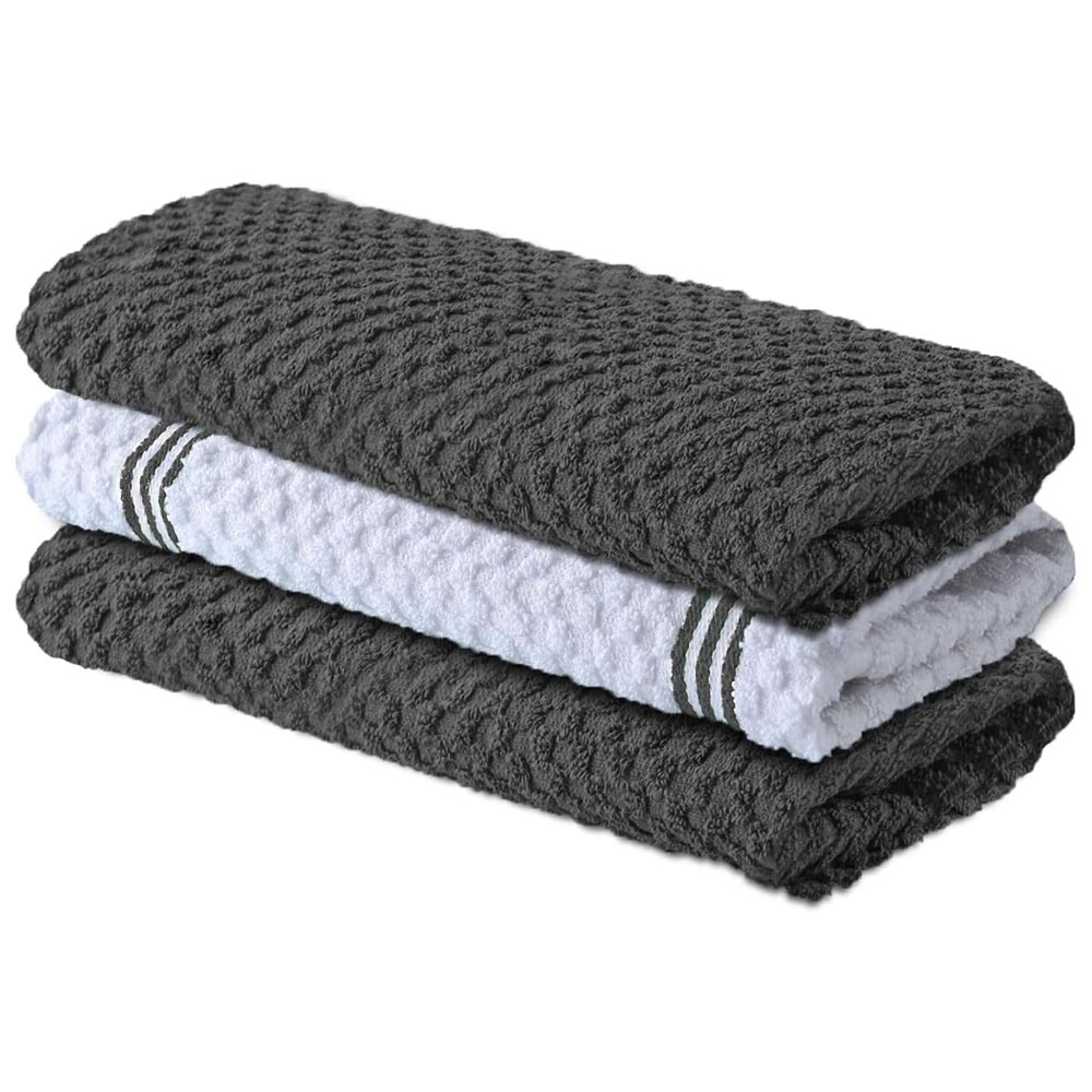 Premium Tea Towels | Pack of 3 | 100% Cotton |38 x 64 cm| Ultra Soft & Highly Absorbent Terry Dish Towels for Kitchen, Bar Towels for Daily Household Cleaning Use - Grey