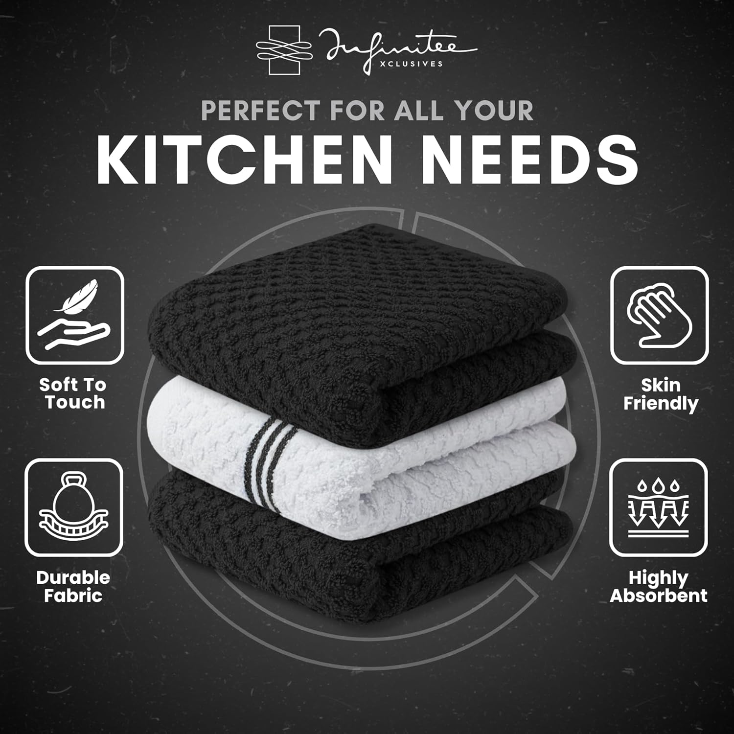Premium Tea Towels | Pack of 3 | 100% Cotton |38 x 64 cm| Ultra Soft & Highly Absorbent Terry Dish Towels for Kitchen, Bar Towels for Daily Household Cleaning Use - Grey